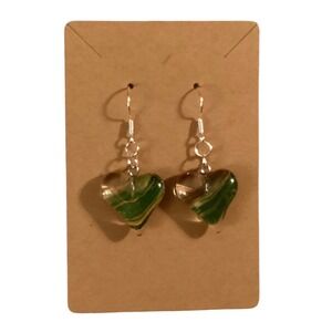 Green Heart Dangle‎ Earrings Silver Tone Hooks Women's Jewelry